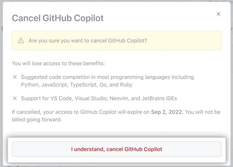 Screenshot of GitHub Copilot cancel modal with I understand, cancel GitHub Copilot button emphasized