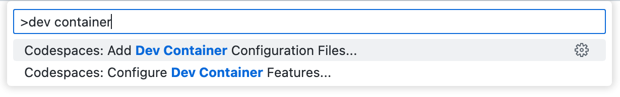„Codespaces: Entwicklungscontainer-Konfigurationsdateien hinzufügen...“ in der Visual Studio Code Command Palette