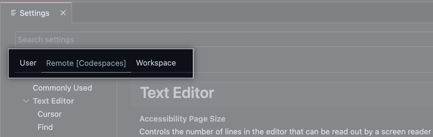 Screenshot showing the choice of scopes in the Settings editor