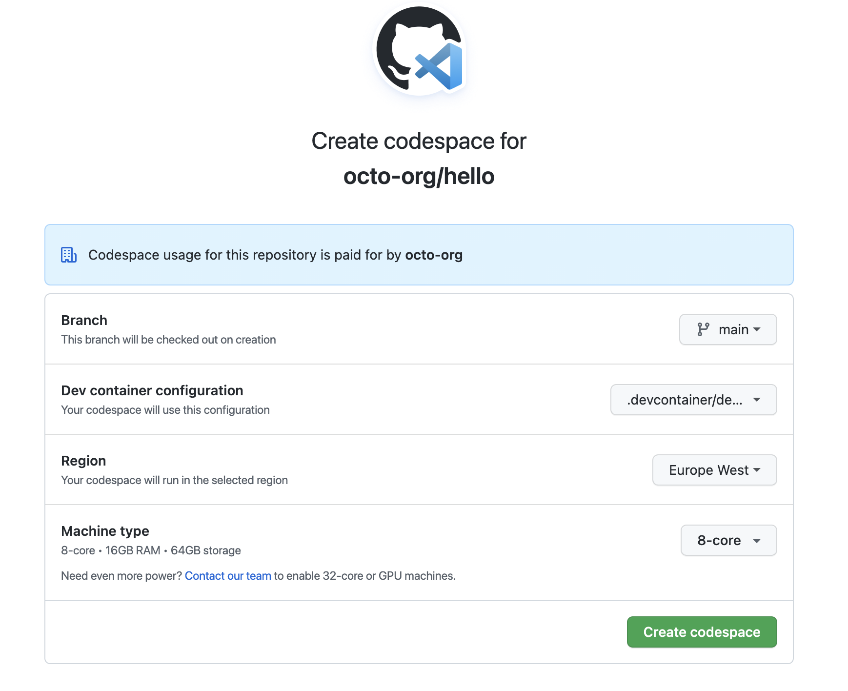 The codespace options page