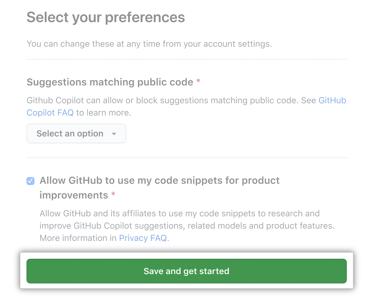 带有“保存并开始”按钮的 GitHub Copilot 设置屏幕截图