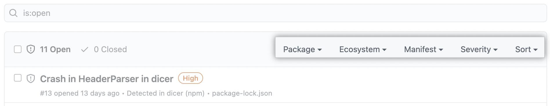 Screenshot of the filter and sort menus in the Dependabot alerts tab