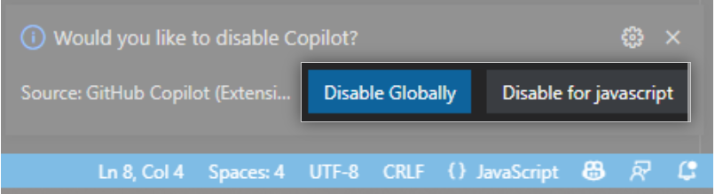GitHub Copilot をグローバルに、または現在の言語に対して無効にするためのオプションのスクリーンショット