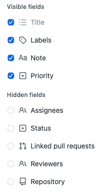 Screenshot showing show and hide fields menu