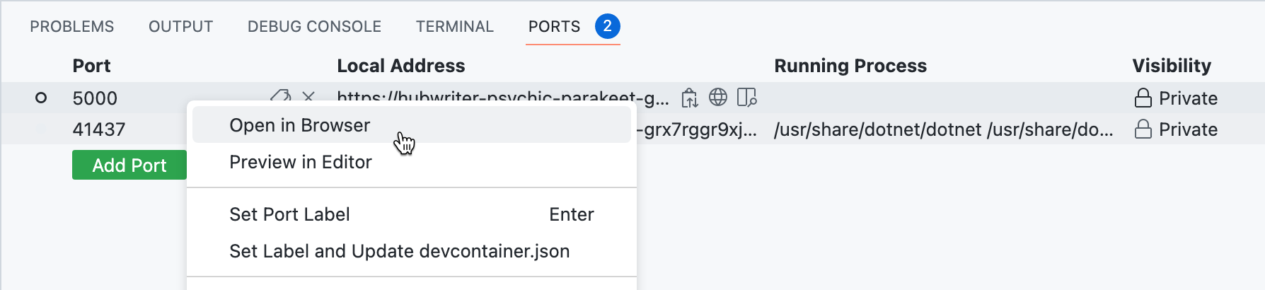 Screenshot of the 'Open in Browser' option