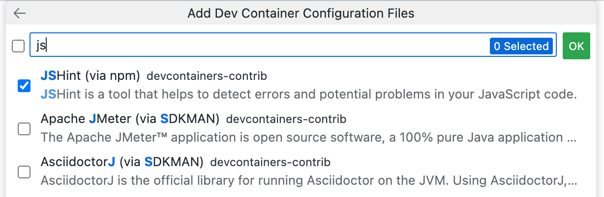 Screenshot of additional features for 'js'