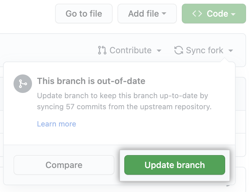 Sync fork modal with "Update branch" button emphasized