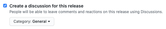 Checkbox to create a release discussion and drop-down menu to choose a category