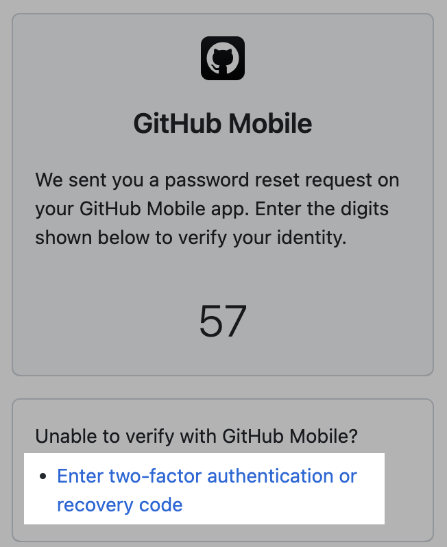 Two-factor GitHub Mobile authentication prompt on GitHub with "Enter two-factor authentication or recovery code" highlighted