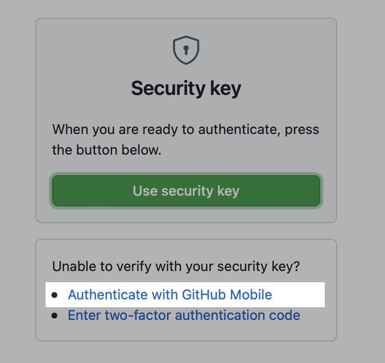 Desafio da autenticação de dois fatores no GitHub com "Autenticar-se com o GitHub Mobile" realçado