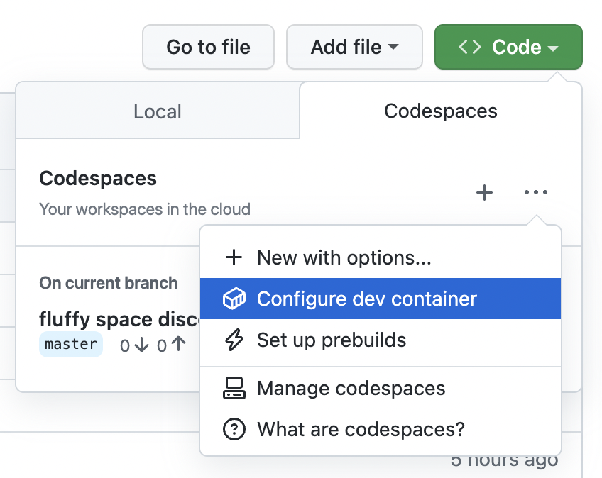 Screenshot of the Code dropdown, with "Configure dev container" highlighted