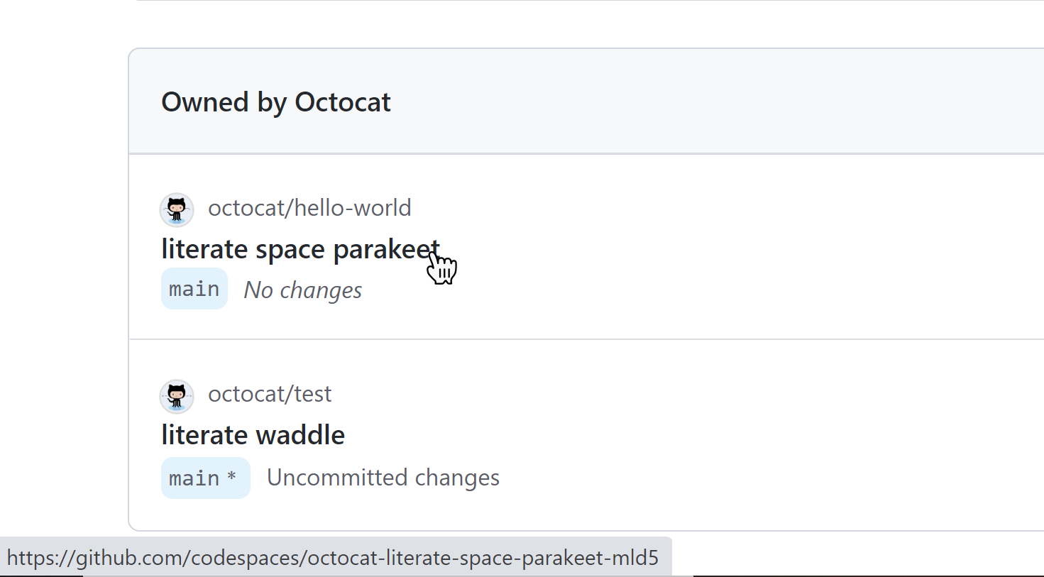 Captura de pantalla del nombre del codespace que se muestra al mantener el puntero
