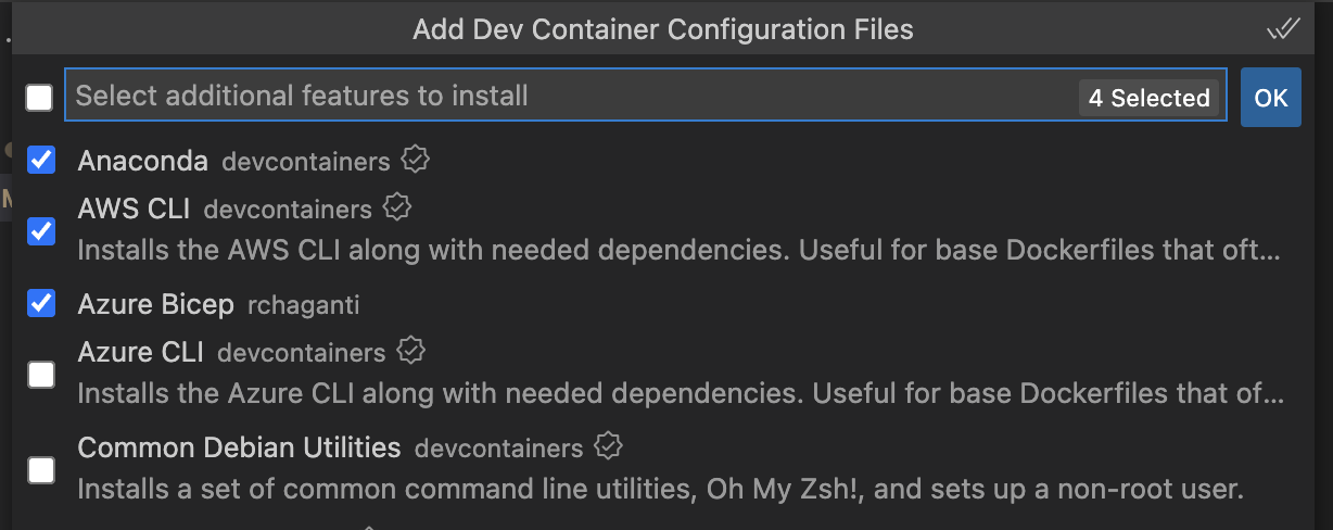 Screenshot of the additional features menu during container configuration