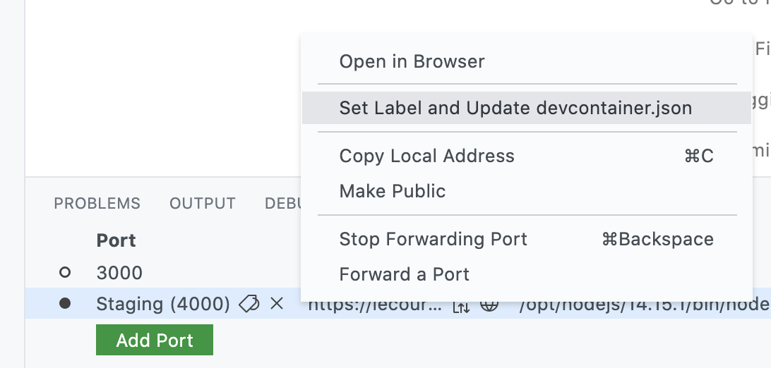 右键菜单中设置标签并将端口添加到 devcontainer.json 的选项
