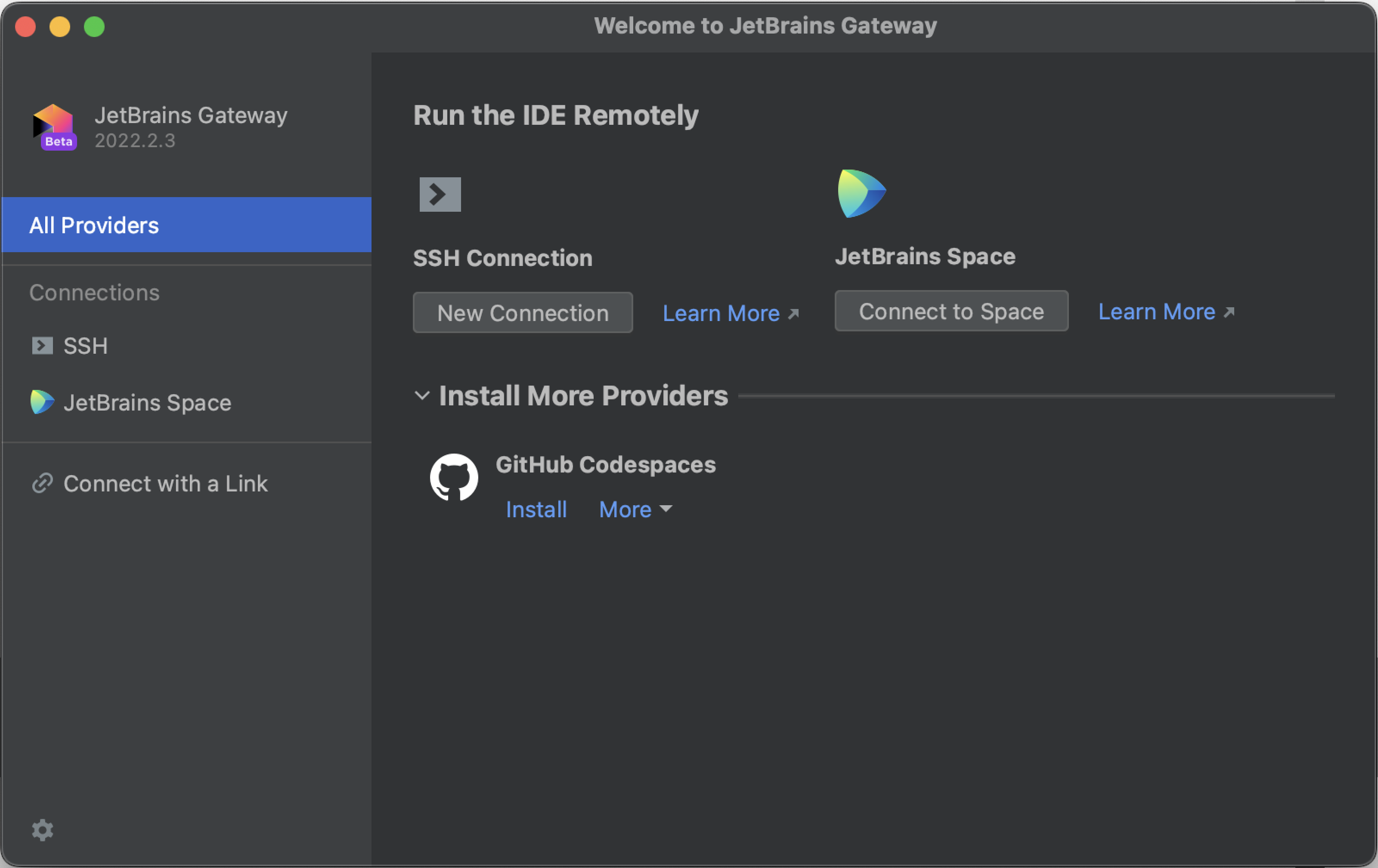 JetBrains Gateway の初期ビューのスクリーンショット