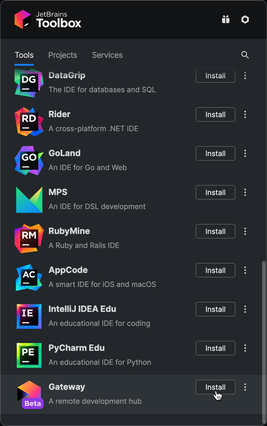 JetBrains Toolbox のスクリーンショット