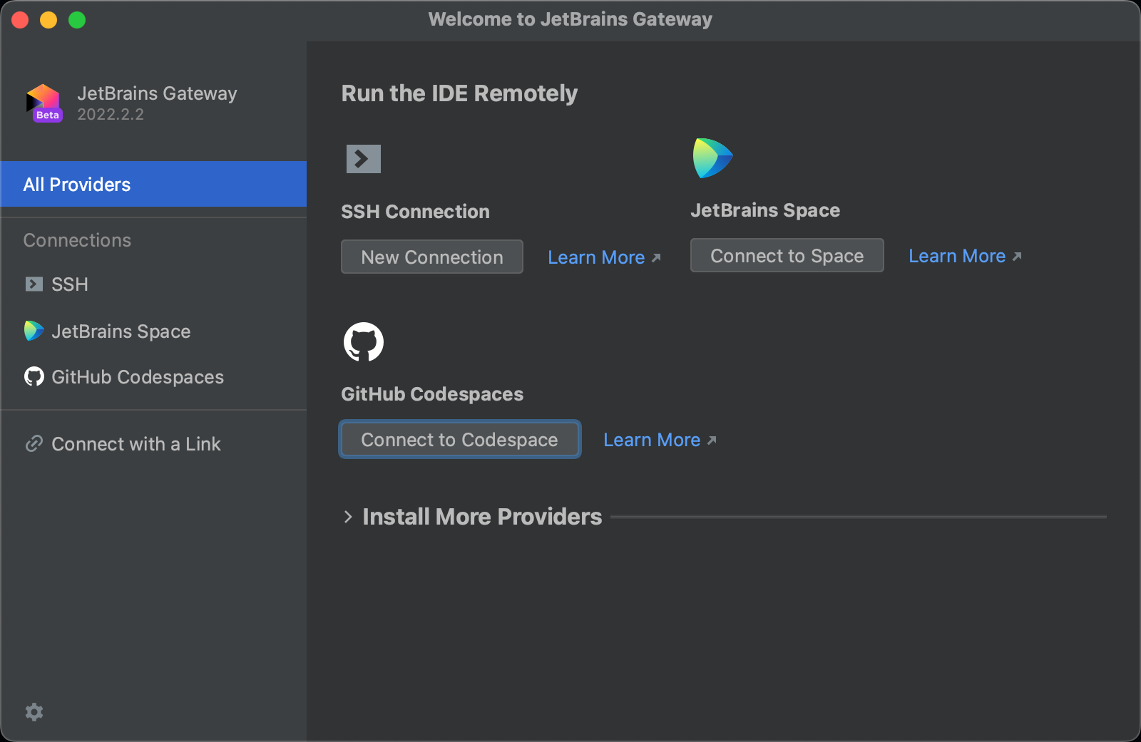 JetBrains Gateway の初期ビューのスクリーンショット