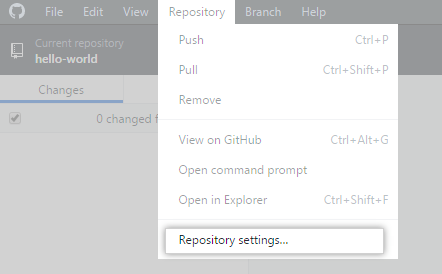 Option de menu Paramètres du dépôt