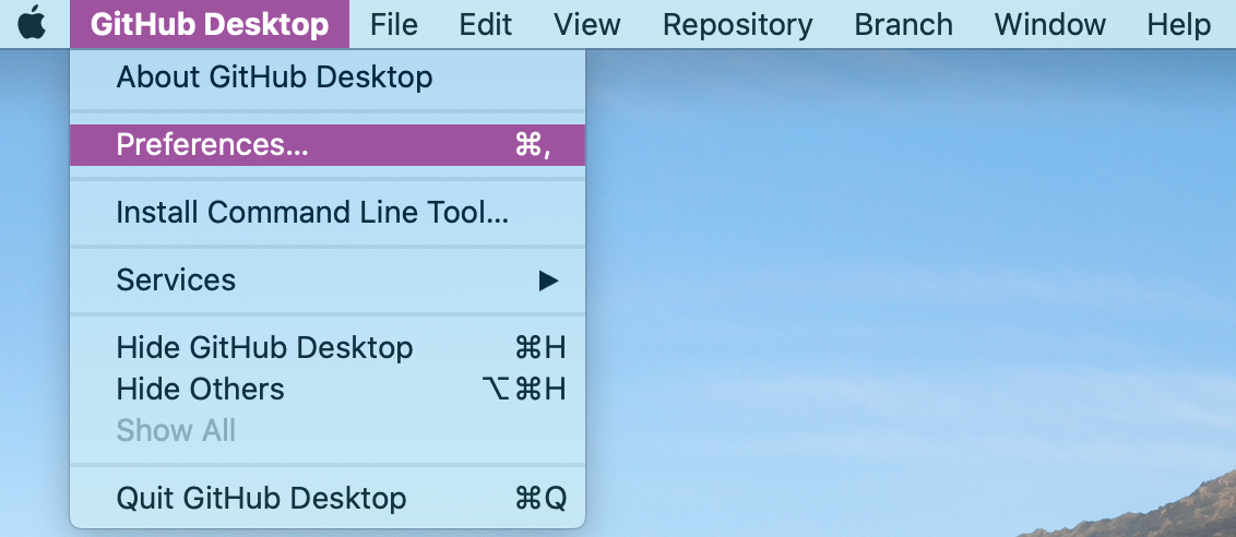 Valeur Préférences dans le menu déroulant GitHub Desktop