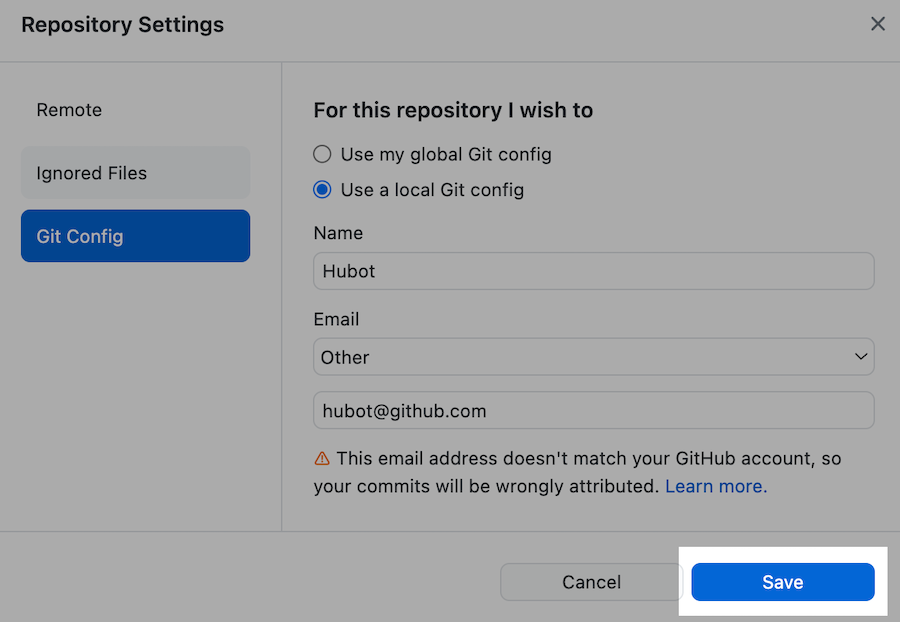 Bouton Enregistrer dans la fenêtre de la configuration Git