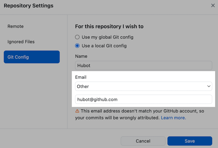 Champ du nom de votre configuration Git locale
