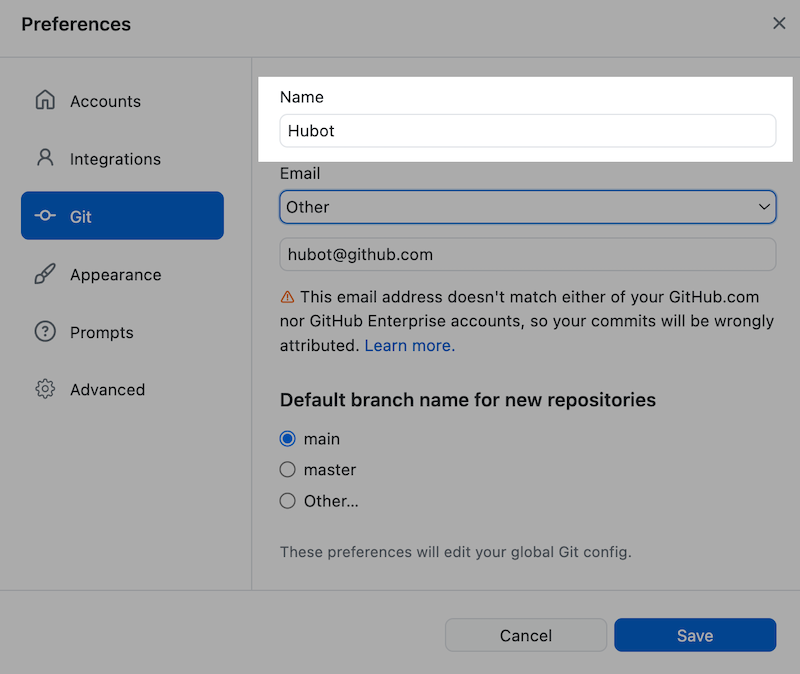 Champ Nom dans la fenêtre de configuration Git