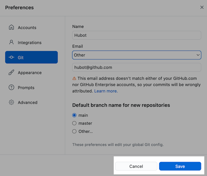 Bouton Enregistrer dans la fenêtre de configuration Git
