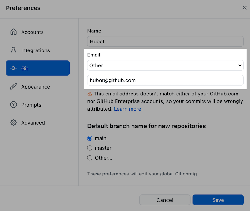 Adresse e-mail sélectionnée dans le champ correspondant de la fenêtre de configuration Git