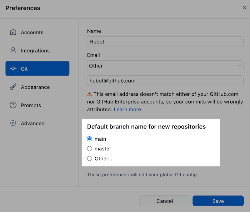 Options de sélection du nom de branche par défaut