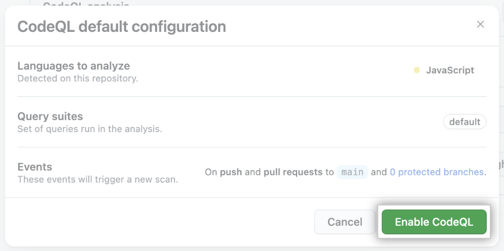 Screenshot of the "CodeQL default configuration" pop-up window with emphasis on the "Enable CodeQL" button