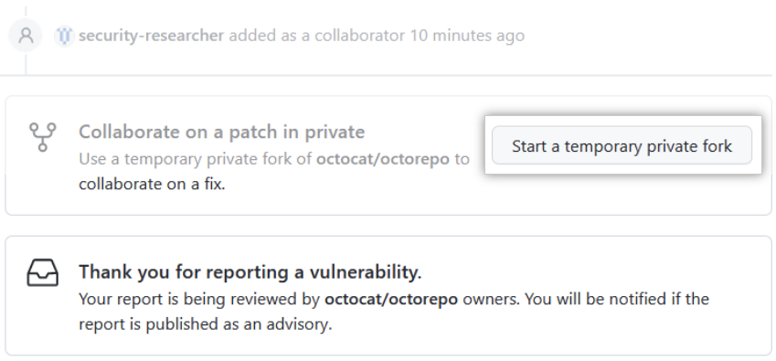 Screenshot showing the "Start a temporary fork" button