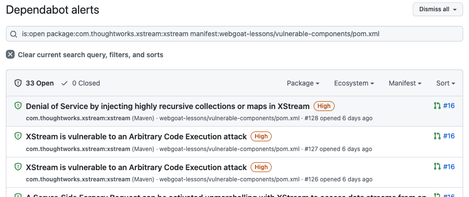 Screenshot of the Dependabot alerts tab showing the filtered alerts from navigating to a legacy Dependabot alert.