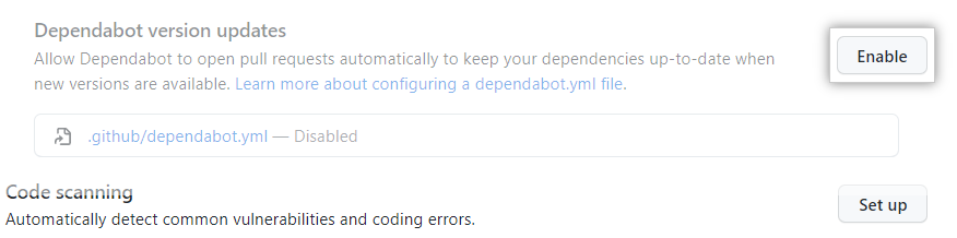 该屏幕截图显示了已创建分支的存储库的 Dependabot version updates 设置