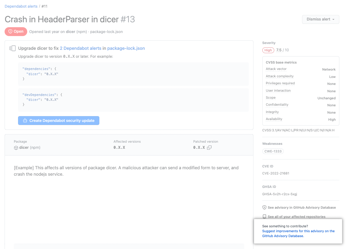 Screenshot showing link to GitHub Advisory Database