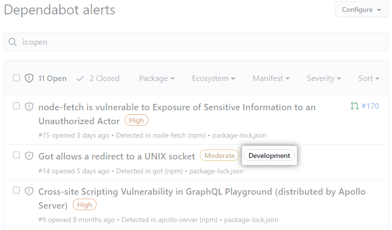 Screenshot showing the "Development" label in the list of alerts