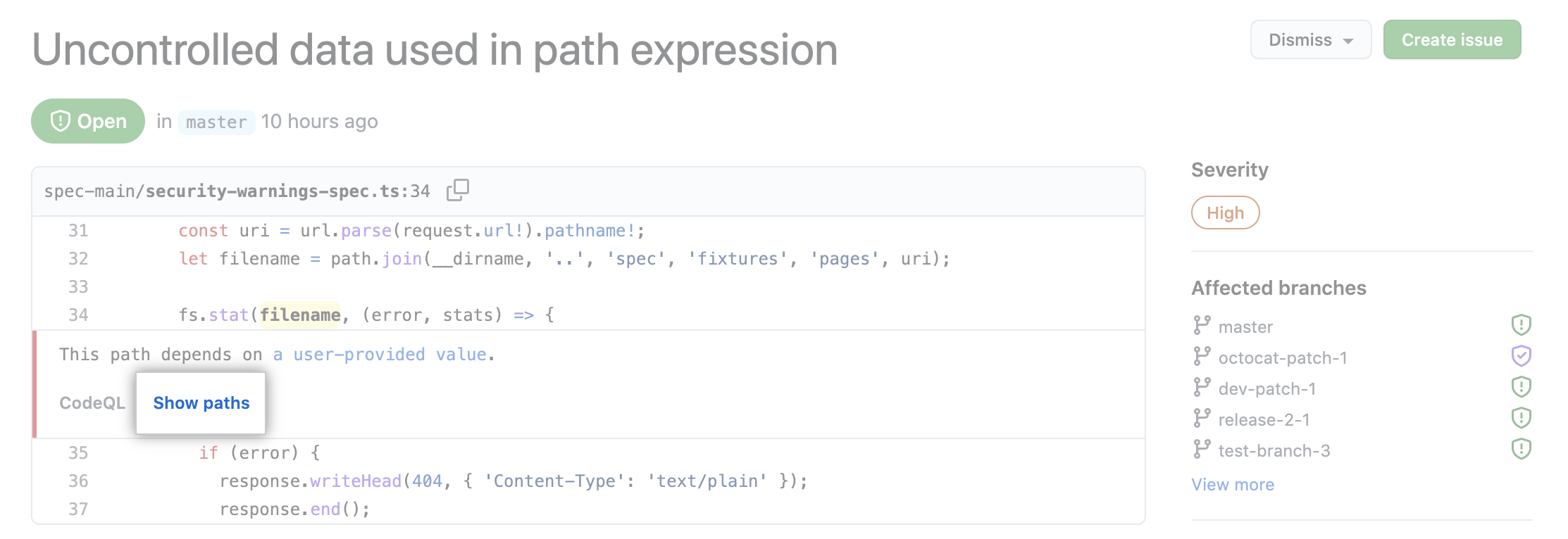 The "Show paths" link on an alert