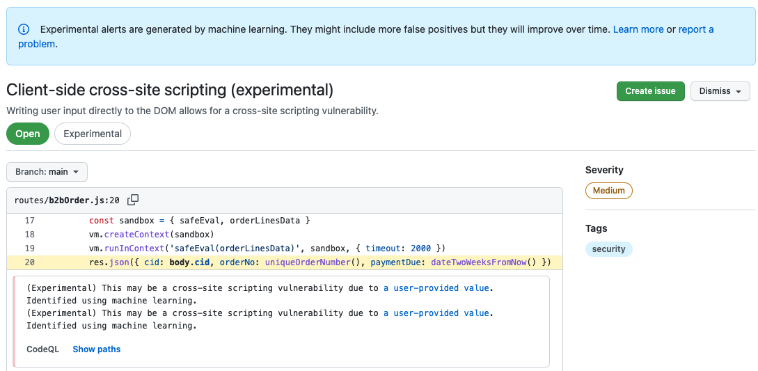 Details für eine experimentelle Codeüberprüfungswarnung