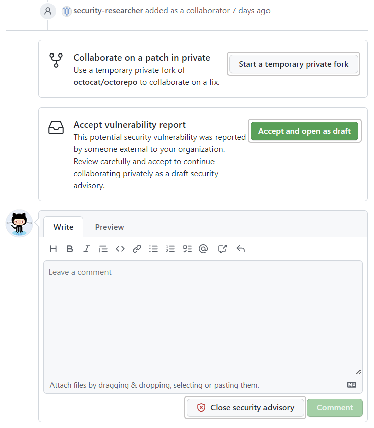 Screenshot: Verfügbare Optionen für Repository-Maintainer bei der Überprüfung einer extern übermittelten Sicherheitsrisikomeldung