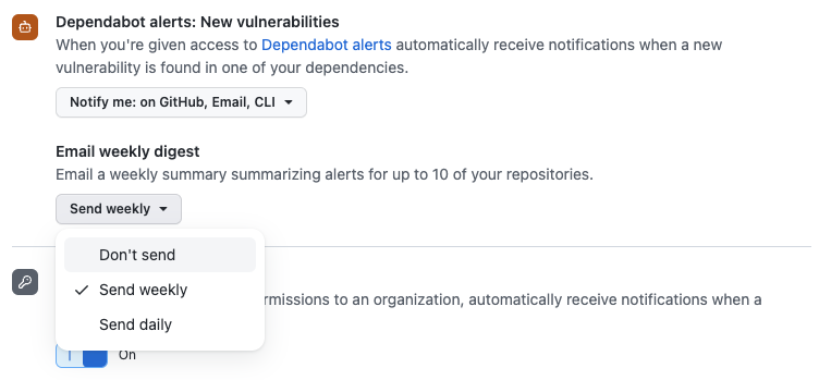 Screenshot von Dependabot alerts-Optionen