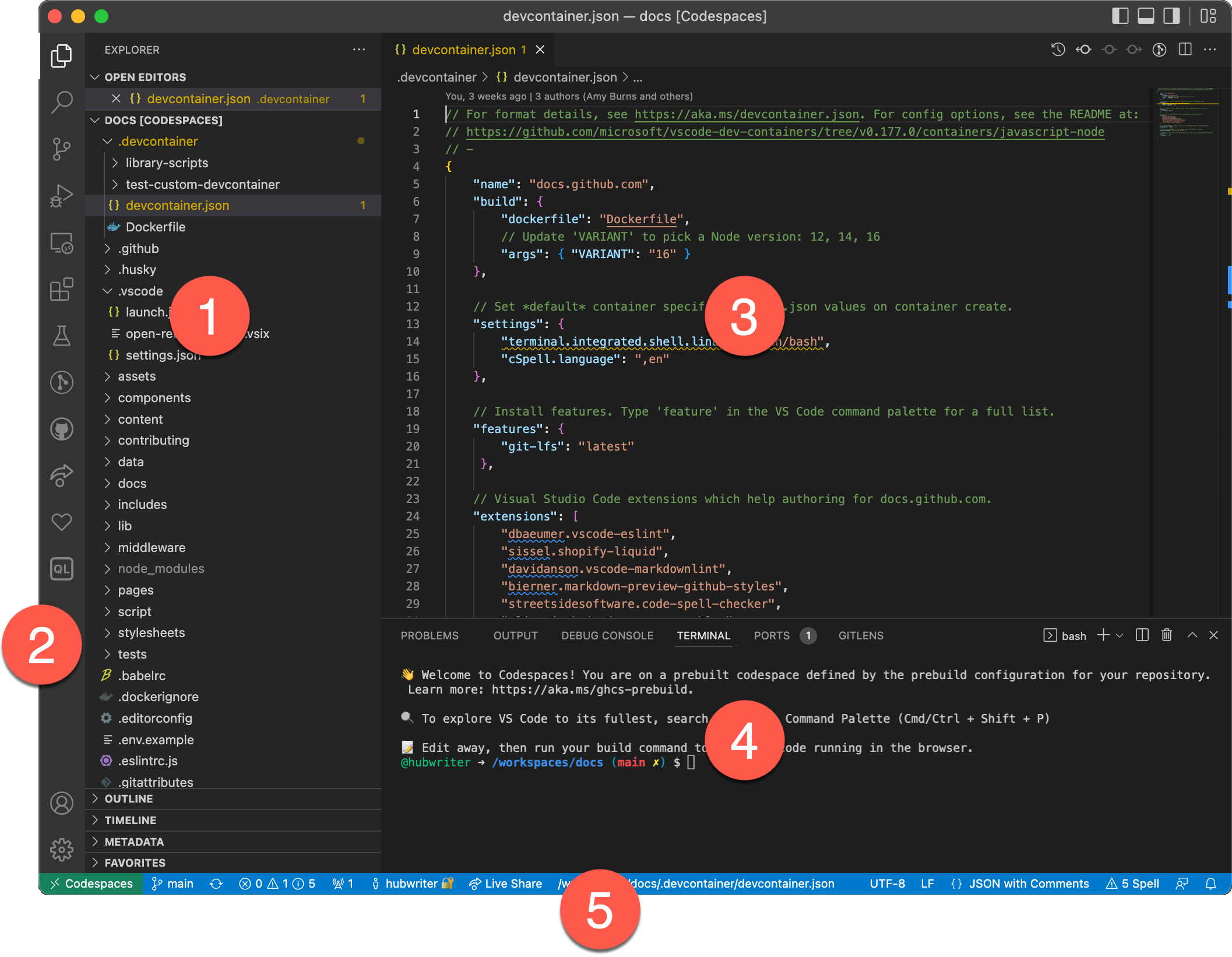 VS Code 内の codespace の注釈付きのスクリーンショット