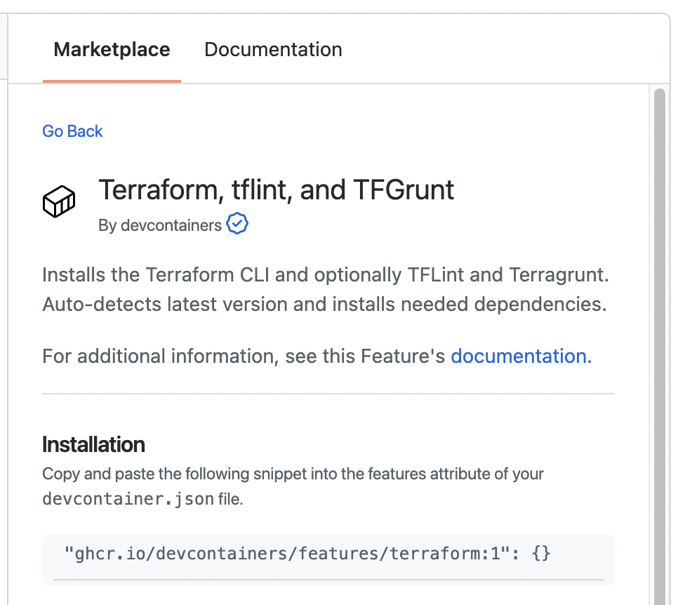 Screenshot of a code block in the Installation section of the Marketplace tab