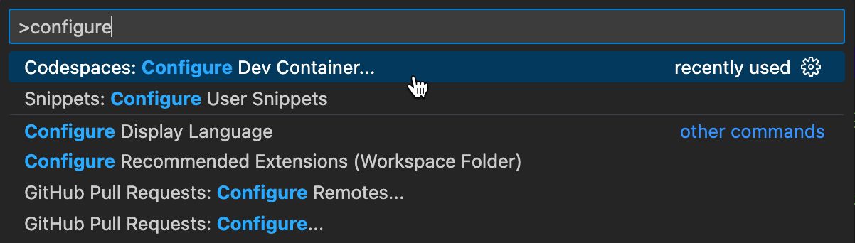 Screenshot of the 'Configure Dev Container' option in the Command Palette