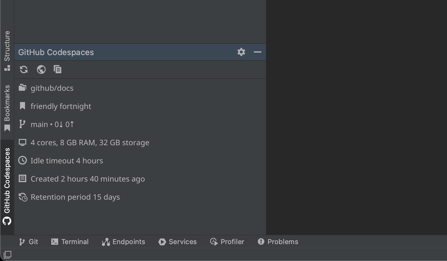 GitHub Codespaces 工具窗口的屏幕截图