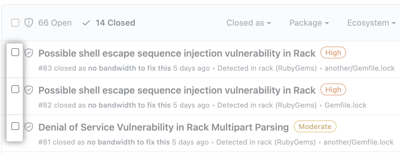 Screenshot of closed alerts with checkboxes emphasized