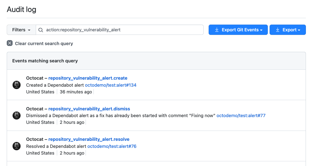 Screenshot of the audit log showing Dependabot alerts