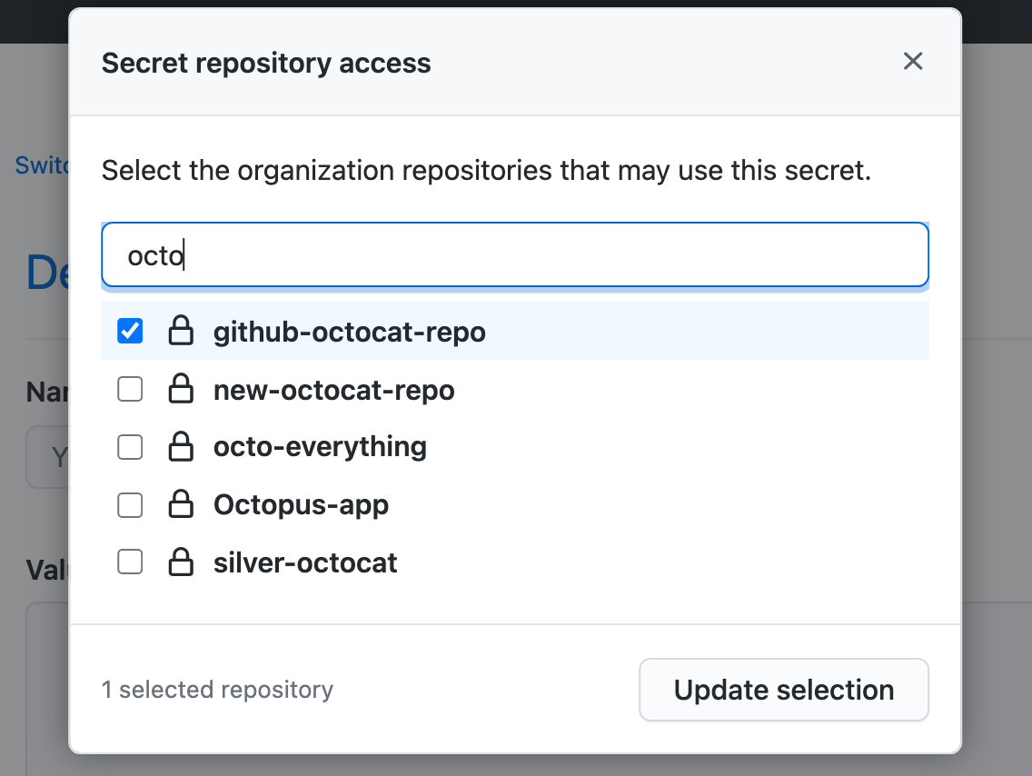 Selección de los repositorios para este secreto