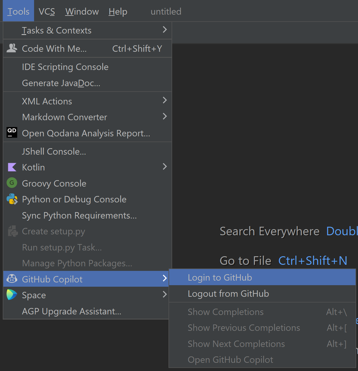 JetBrains 도구 메뉴의 스크린샷