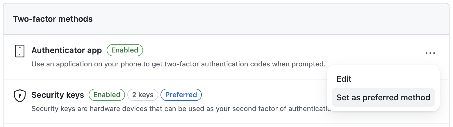 Screenshot of the "Set as preferred method" button in the 2FA settings