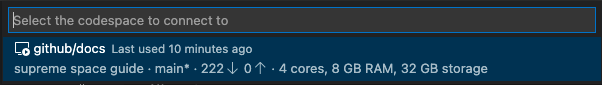 Screenshot of a list of codespaces in Visual Studio Code
