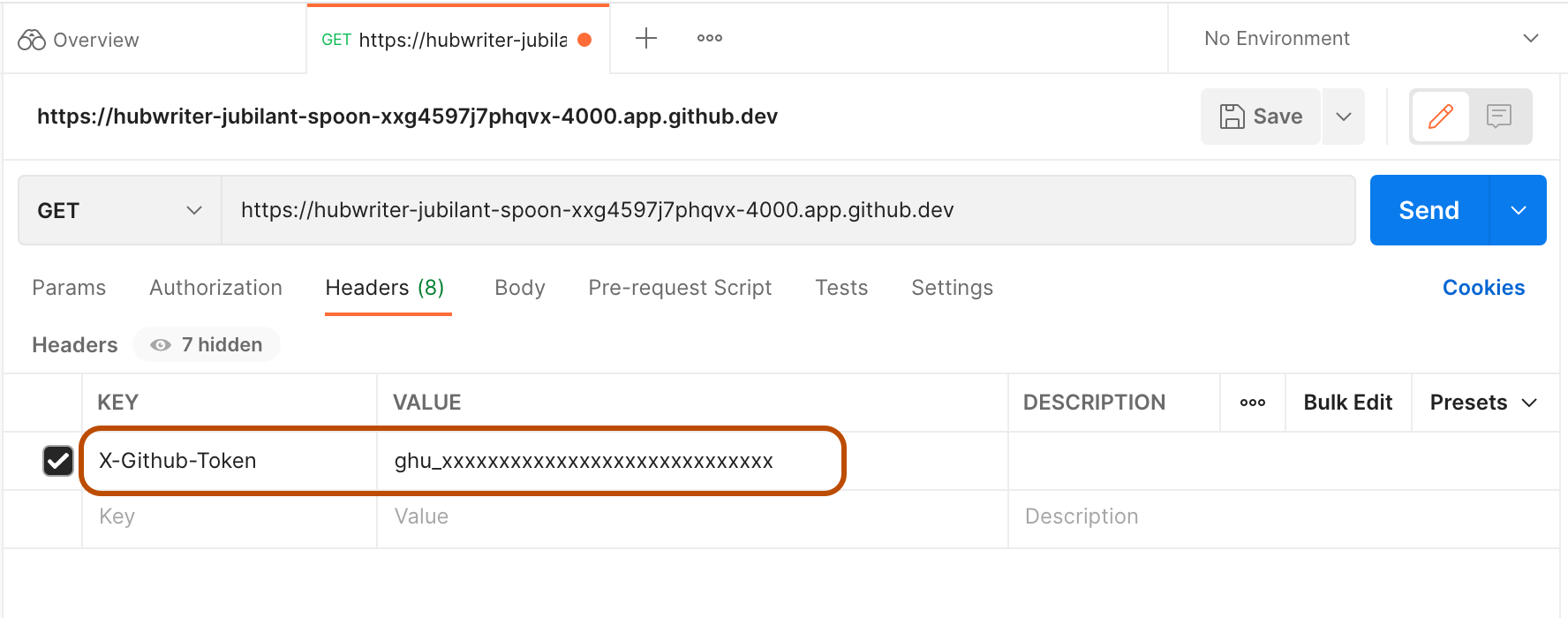 Captura de pantalla de la clave y el token en Postman